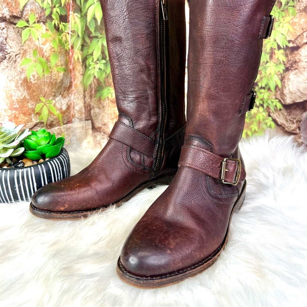 FRYE Brown Jaden Cuff Classic Heritage Buckle Leather Moto Boots, 6.5B - Picture 5 of 14